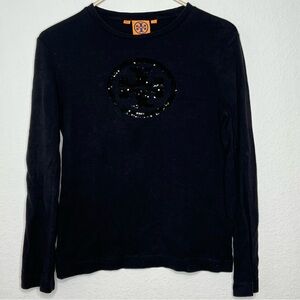 Tory Burch Black Sequin Logo Long Sleeve Top size Medium